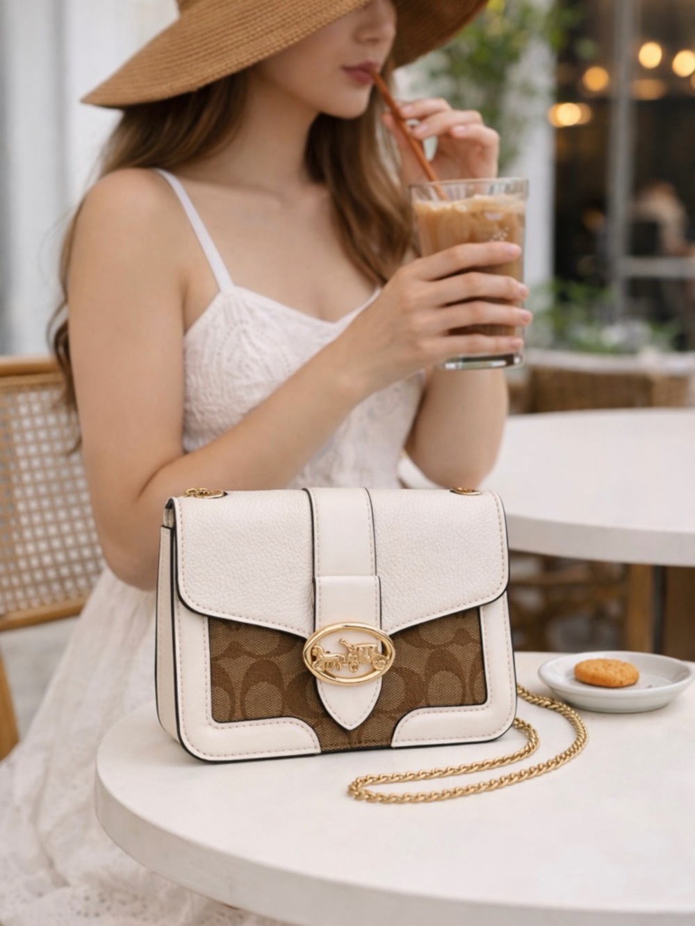 Coach Cream Leather & Brown Signature Canvas Chain Crossbody